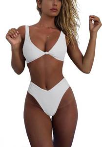 lot 90480 image: geluboao Two Piece White Bathing Suits for Women High Waisted V Neck Swimsuits Solid Knot Front Push Up Cheeky High Cut Thong Bikini Set XL