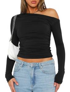 lot 90483 image: Matunana Womens Long Sleeve Shirts Sexy One Off The Shoulder Y2K Crop Tops Going Out Workout Basic Tees Tight Fitted Cute Copped Outfits Teen Girls Fall 2024 Clothing Black