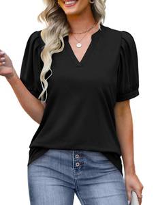 lot 90487 image: Plus Size Shirts for Women Summer V neck Tunic Tops to Hide Belly Fat Puff Sleeve Tshirts 2024 Spring Black 3XL