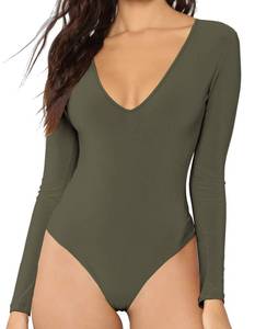 lot 90489 image: MANGDIUP Womens V-Neck Long Sleeve Tops Basic Bodysuit Jumpsuit (Army Green, Large)