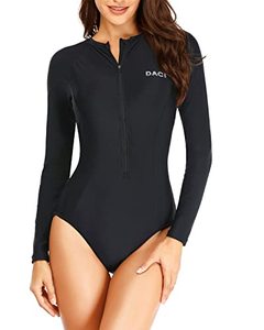 lot 90496 image: Daci Women Black-1 Rash Guard Long Sleeve One Piece Swimsuit Zipper Surfing Bathing Suit UPF 50 Medium