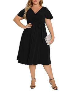 lot 90498 image: Agmibrelr Womens Plus Size Flutter Sleeve Dress Deep V Neck A-Line Party Wrap Swing Dress Light Blue 2XL