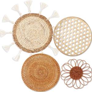 lot 90505 image: Suzile Set of 4 Boho Wall Basket Decor Wall Hanging Round Rattan Wall Decor Flower Shape Flat Woven Tassels Tapestry Bamboo Wall Basket Handmade Serving Tray Art for Bedrooms Living Room