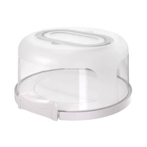 lot 90512 image: Top Shelf Elements Round Cake Carrier Two Sided Holder Serves as Five Section Serving Tray, Portable Stand Fits 10 inch Cake, Box Comes with Handle, Container Holds Pies (White)