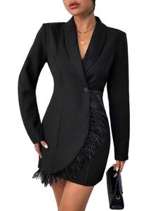lot 90520 image: WDIRARA Womens Fuzzy Trim Wrap Button Front Long Sleeve Shawl Collar Blazer Dress Black Large