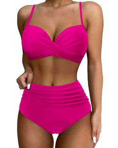 lot 90521 image: SUUKSESS Women Twist High Waisted Bikini Push Up Two Piece Swimsuits Sexy Bathing Suits (Hot Pink, Small)