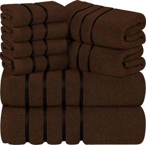 lot 90524 image: Utopia Towels 8-Piece Luxury Towel Set, 2 Bath Towels, 2 Hand Towels, and 4 Wash Cloths, 600 GSM Ring Spun Cotton Highly Absorbent Viscose Stripe Towels Ideal for Everyday use (Dark Brown)