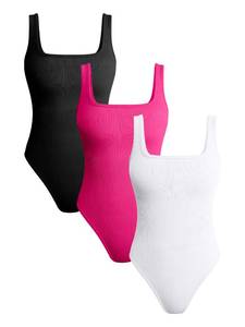lot 90530 image: TOB Womens 3 Piece Bodysuits Sexy Ribbed Square Neck Sleeveless Tank Tops Bodysuits Black Rose White XL