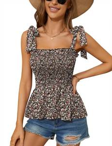 lot 90542 image: Tie Shoulder Smocked Tank Tops Floral Sleeveless Peplum Tops for Women Dressy Cute Square Neck Tank Top Beach Clothes Black Floral Medium