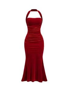 lot 90543 image: Verdusa Womens Backless Halter Neck Fishtail Dress Velvet Bodycon Party Dress Red Large