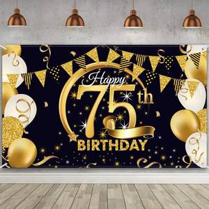 lot 90546 image: Birthday Party Decoration Extra Large Fabric Black Gold Sign Poster for Anniversary Photo Booth Backdrop Background Banner, Birthday Party Supplies, 72.8 x 43.3 Inch (75th)