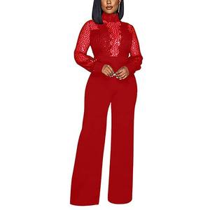 lot 90554 image: SUZONANA Womens Sexy Jumpsuit Elegant Long Sleeve Bodycon Sheer Mesh See Through Rhinestone Casual Loose Jumpsuits Red Large