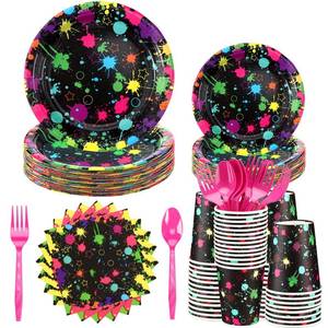 lot 90556 image: Yingzhao 180 Pcs Neon Birthday Party Paper Plates and Napkins Cups Supplies Disposable Glow Tableware Decoration Utensils Included for Glow in the Dark Party Decorations, Serve 30 Guests(Neon Party)