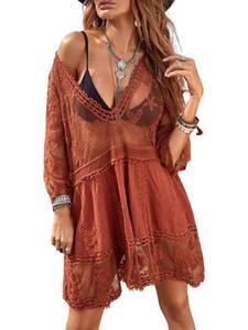 lot 90557 image: Floerns Womens Contrast Lace Plunging V Neck Bikini Cover Up Beach Dress Bathing Suit Burnt Orange One Size Fits All