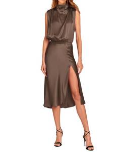 lot 90565 image: PRETTYGARDEN Women Summer Formal Mock Neck Sleeveless Satin Dress Elastic Waist Slit Midi Wedding Guest Dresses 2023(Solid Khaki,Medium)