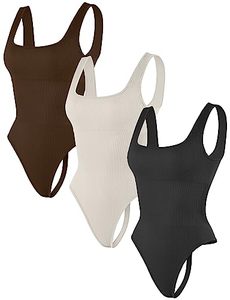 lot 90571 image: HEGALY Thong Bodysuits for Women 3 Piece Sexy Ribbed Seamless Tummy Control Shapewear Sleeveless Square Neck Tank Top Large