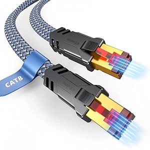 lot 90575 image: Snowkids Cat 8 Ethernet Cable 25 FT, Strong Signal, High Speed 40Gbps 2000Mhz, Network Cord with RJ45 Internet Connector for TVPrinterComputerModemRouterPS345, Braided Flat LAN Cable 25FT Grey