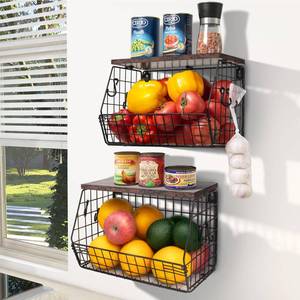 lot 90589 image: Mefirt Fruit Bowl, Stackable Wall Mounted Fruit Basket of Smooth Wood Lid with 4 Banana Hanger Hooks, Metal Kitchen Counter Organizer for Snack, Fruit and Vegetable Storage, 11.8  7.9  8.5 Inches