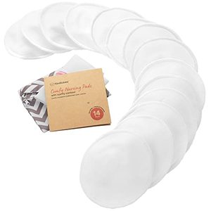 lot 90590 image: Organic Nursing Pads - 14 Washable Viscose Derived from Bamboo Breastfeeding Pads, Wash Bag, Reusable Breast Pads for Breastfeeding, Nipple Pads for Breastfeeding Essentials(Soft White, L 4.8)