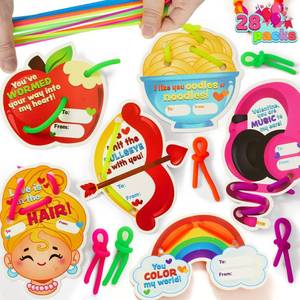 lot 90600 image: JOYIN 28 Packs Valentines Cards with Stretchy String Noodle Stress Relief Fidget Noodles Toy for Kids Valentines Classroom Exchange Valentine Classroom Exchange Prizes Valentine Party Favors