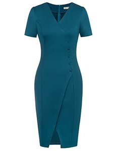 lot 90601 image: Women Pencil Dress Puff Short Sleeve Wrapped Slit V Neck Evening Night Sexy Dress Peacock Blue Large