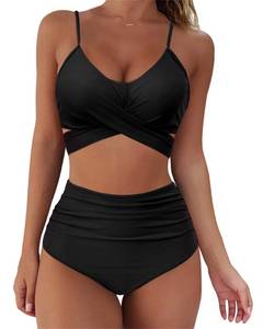 lot 90609 image: SUUKSESS Women High Waisted Bikini Criss Cross Swimsuits Push Up Bathing Suits (Medium, Black)