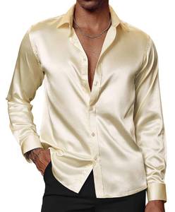 lot 90615 image: PJ PAUL JONES Mens Silk Satin Dress Shirts Casual Button Down Gold Shirt for Wedding Dinner Formal Shirt Champagne Medium