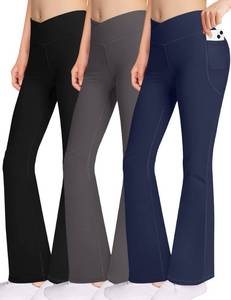 lot 90617 image: Girls Bootcut Yoga Pants with Pockets - V Cross High Waist Flare Workout Dance Leggings for Kids Medium