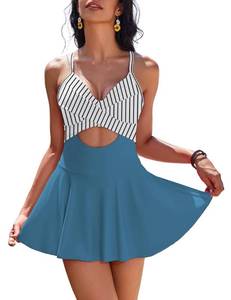 lot 90618 image: AIMAGE Womens One Piece Swimdress V Neck Tie Back Skirt Swimsuit Push Up Tummy Control Bathing Suits Blue Stripe,Medium