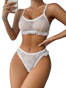 lot 90637 image: SOLY HUX Womens Floral Lace Ruffle Trim Bralette Bra and Panty Lingerie Set Plain White Large