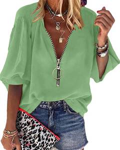 lot 90640 image: Cnkwei Womens V-Neck Lantern Sleeve Blouse Zipper Design Loose Casual Top Shirts Green XXL