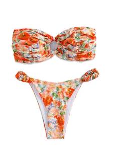 lot 90645 image: GORGLITTER Womens Floral Swimsuit Strapless Bandeau High Cut Thong Bikini Set Bathing Suit Orange Multi Floral Small