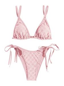 lot 90650 image: ZAFUL Bathing Suit Bikini Set - Double Shoulder Straps Checkered Swimwear, Tie Side High Cut Thong Triangle Two Piece Swimsuit LightBlue Medium