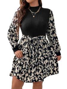 lot 90655 image: Floerns Womens Plus Size High Waist Mock Neck Long Bishop Sleeve A Line Short Dress Black 1XL
