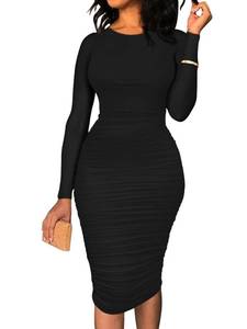 lot 90666 image: BEAGIMEG Womens Ruched Long Sleeve Elegant Bodycon Basic Casual Midi Dress Pink Medium