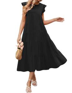 lot 90667 image: ZESICA Womens 2024 Summer Ruffle Cap Sleeve Crewneck Casual Loose Flowy Pleated Tiered Midi Dresses with Pockets,Black,Medium