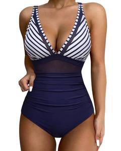 lot 90669 image: SUUKSESS Women Slimming Tummy Control One Piece Swimsuits Sexy Mesh High Waisted Monokini Bathing Suits (White Blue Stripe, Large)