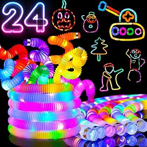 lot 90681 image: Jishi Light Up Glow Sticks Fidget Pop Tubes 6-Pack Toddler Sensory Toys for Kids Party Favors Goodie Bag Stuffers Birthday Filler Gifts, LED Stretchy Pipes Travel Camping Activity Games for Boys Girls