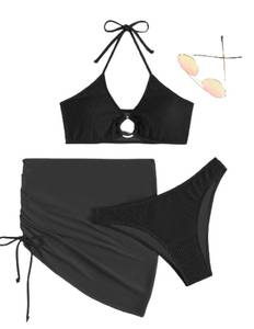lot 90682 image: MakeMeChic Womens 3 Piece Bathing Suits Halter Ring Bikini Set with Cover Up Skirt Black Medium