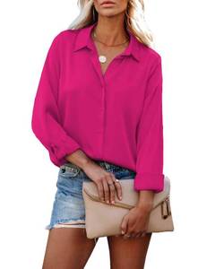 lot 90685 image: HOTOUCH Button Up Shirt Women Long Sleeve Work Blouses Casual Solid Color Dress Shirts Hot Pink Small