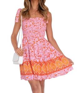 lot 90689 image: ZESICA Womens 2024 Summer Boho Floral Printed Spaghetti Strap Square Neck Ruffle A Line Swing Beach Mini Dress,PinkOrange,Large