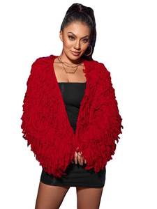 lot 90698 image: WDIRARA Womens Shaggy Knit Duster Cardigan Long Sleeve Open Front Cardigan Sweater Red Large