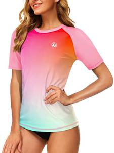 lot 90702 image: Gradient Swim Shirt Short Sleeve Women UPF 50 Sun Shirts Bright Color Print Athletic Swimsuit Tops Small