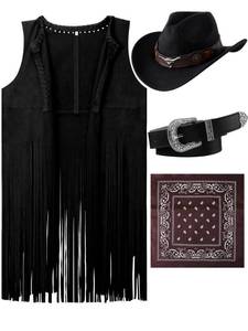 lot 90706 image: Hercicy Western Outfits for Women Cowgirl Tassel Sleeveless Vest Cowboy Hat Belt and Paisley Bandana for Halloween Dress Up (Black,Large)