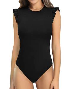 lot 90709 image: MANGOPOP Womens Body Suits Cute Crew Neck Ruffle Sleeveless Slim Fit Bodysuit Tank Tops Tight Casual Sexy Medium