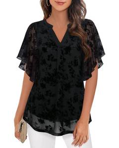lot 90710 image: Timeson Womens Blouses and Tops Dressy,Short Sleeve Tunic Tops for Women Professional Clothes for Work Casual Business Attire Dress Shirts Summer Elegant Peasant Sheer Modlily Silk Tops Black Floral Large