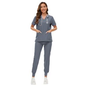 lot 90728 image: Scrubs Set for Women Joggers V-Neck Pocket Top Uniforms (Grey, Medium)