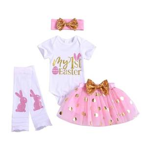 lot 90733 image: XFGLCK Newborn My 1st Easter Skirt Outfit Baby Girl Bunny Letters Short Sleeve Bodysuit Tutu Skirt Headband Leg Warmers 4pcs (Pink, 6-9 Months)