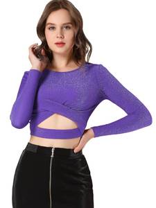 lot 90741 image: Allegra K Womens Glitter Top Twist Long Sleeve Cut Out Party Cropped Sparkly Tops X-Large Purple