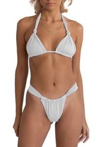 lot 90744 image: White Bikini Sets for Women Sexy Self Tie Halter Triangle Swim Tops Brazlian Ruched Adjustable High Waisted Thong Bottom Medium